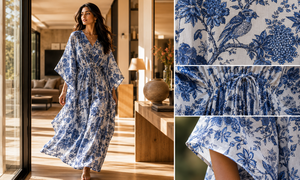 Palm Tree Cotton Kaftan Maxi Dress for Women <b>Long</b> <b>Nightdress</b> Summer Resort Wear Loungewear Gown with Drawstring Waist - Product Image 3