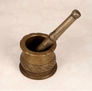 Engraved brass mortar and pestle with side ring handle accents, available at wholesale prices. - Product Image 3