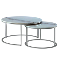 Ensemble de deux tables basses rondes en marbre blanc avec base en métal finition argentée, durables et résistantes, table basse centrale.