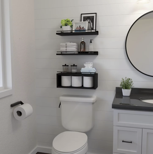Ensemble d'étagères de salle de bain en bois et fer forgé 3 pièces OEM/ODM, support mural pour papier toilette, étagère de rangement, organisateur imperméable - Product Image 3