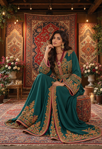 Vestido Maxi Marroquí de Terciopelo Bordado a Mano Emerald Serenity, Elegante para Mujeres Musulmanas, Ropa de Fiesta, Verde Esmeralda Refinado - Product Image 4