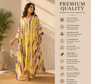Vestido Maxi Amarillo y Morado con Estampado Tie-Dye, 100% Algodón, Cuello en V, Estilo Bohemio, Largo hasta el Suelo, para Mujer, Ideal para Fiestas, Corte Moderno - Product Image 3