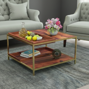 Mesa de Centro Moderna de Madera Sheesham y Metal Dorado – Mesa de Centro de 32 Pulgadas con Dos Estantes para Sala de Estar - Product Image 6