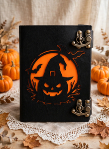 Journal en cuir fait main pour Halloween, motif citrouille sorcière ajouré, double fermeture, carnet gothique - Product Image 2