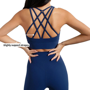 Sujetador deportivo sin costuras para mujer, cuello halter, soporte alto, azul liso, para yoga y entrenamiento, ropa deportiva transpirable de secado rápido, encaje, elastano/nailon - Product Image 5