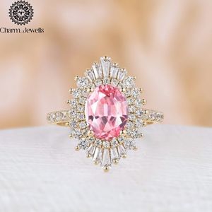 Charm_Jewells Women's 18K Solid <b>Gold</b> Oval Moissanite <b>Cocktail</b> <b>Ring</b> Pave Setting Flower Design Luxury Engagement <b>Ring</b> - Product Image 3
