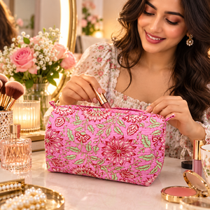Artisan Inspired Pink Cotton Quilted Cosmetic Bag Tropical Floral Print Zipper <b>Makeup</b> Pouch Wholesale Travel Toiletry <b>Case</b> - Product Image 1