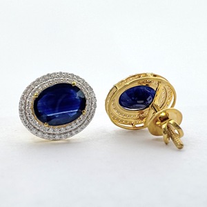 IGI Certified 4.45 CTW Oval Blue Gemstone Lab Grown Diamond Double Halo Stud <b>Earrings</b> Solid 18K Yellow <b>Gold</b> Screw <b>Back</b> - Product Image 2