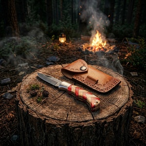 Couteau pliant artisanal de haute qualité en acier Damas, manche en bois, étui en cuir, couteau utilitaire de survie Viking - Product Image 1