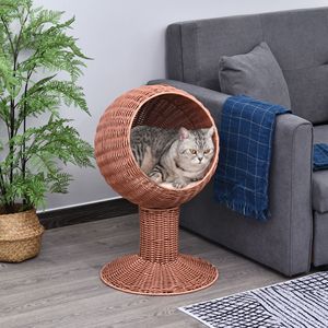 Cuccia per Gatti in Erba Naturale Intrecciata, Sedia a Uovo Girevole, Cesto Letto per Gatti con Cuscino Spesso, Letto Rialzato Marrone per Gatti - Product Image 1