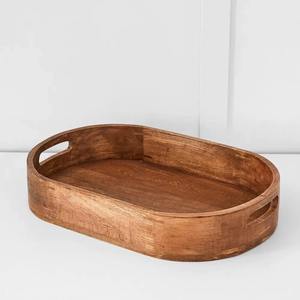 Plateau de service ovale en bois de qualité supérieure avec poignées découpées, plateau de petit-déjeuner en bois massif, organisateur de table basse rustique, plateau polyvalent - Product Image 3