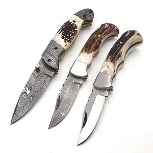Cuchillo de Bolsillo de Acero de Damasco Hecho a Mano de Alta Calidad con Funda de Cuero, Regalo Perfecto para Camping, para Padres, Compatible con OEM y ODM - Product Image 1