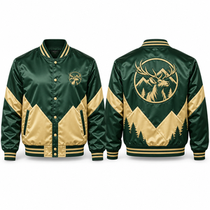 Chaqueta de satén estilo club con parche bordado, forro suave, acabado liso, puños a rayas, cierre de cremallera completa, estilo vintage para antiguos alumnos, deportes de primavera - Product Image 1
