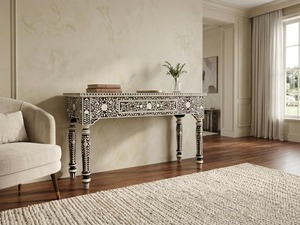 Mesa Consola Artesanal con Incrustaciones de Hueso, Diseño Floral en Blanco y Negro, Estilo Bohemio, Mueble Decorativo para Entrada - Product Image 3