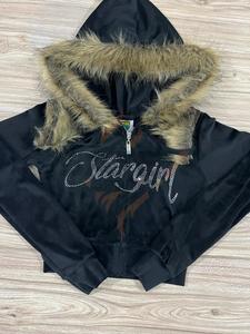 Women's Crop Top Velour Hoodie Custom Zip Up Women's Crop Velvet Fur Hoodie Custom <b>Zipper</b> And Rhinestones Logo - Product Image 3