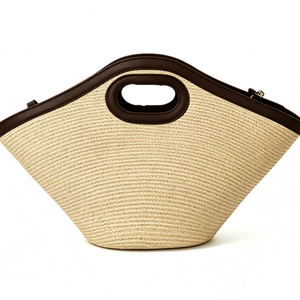 Sac fourre-tout personnalisé en paille naturelle avec poignée découpée, sac à main tissé avec garniture en similicuir contrastant, sac de shopping géométrique en paille large - Product Image 1