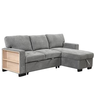 Elegante e Funzionale Divano Letto Sezionale con Chaise Longue, Scaffale Portaoggetti, Tavolino Estraibile, Tavolo Ribaltabile e Caricatore USB - Product Image 1