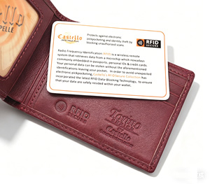 Hot Item Castello Men's Bi-fold Card <b>Wallet</b> Brown Slim Minimalist Embossed Logo Genuine Leather RFID Short Length Polyester - Product Image 6