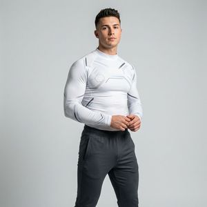 Chemises de compression blanches à col rond pour hommes, vêtements de sport, entraînement en salle de sport, couche de base, manches longues, imprimées, rashguard BJJ - Product Image 1