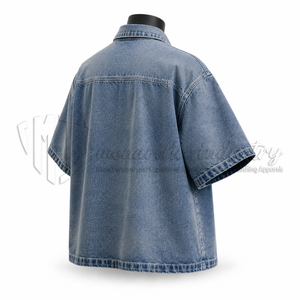 Camisa de mezclilla personalizada para hombre, de manga corta, con cremallera completa, con pedrería, estilo urbano, fabricante OEM de marca privada - Product Image 5