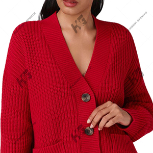 Premium Women's Crew Neck Ribbed Knit <b>Cardigan</b> <b>Sweater</b> Cherry Red Button-Up Winter Casual Soft Hand Feel Custom-Weight Fabric - Product Image 6