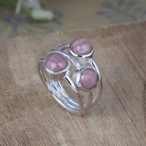 Natural Rhodochrosite Trio <b>Ring</b> for Her 925 Sterling <b>Silver</b> Christian Bezel <b>Set</b> Pink Stone Jewelry Boho Style Gift for Wife - Product Image 5