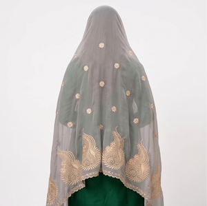 Women Gray Chiffon <b>Shawl</b> Floral Embroidered Rhinestone Gold Trim Ethnic Scarf Breathable Daily Wear Fashion <b>Wrap</b> - Product Image 4