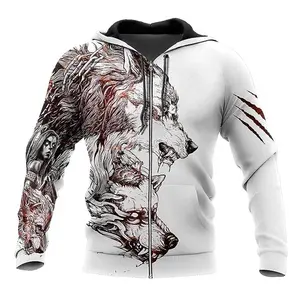 Hoodie Viking api manusia serigala, Hoodie mitologi 3D cetakan penuh tempur periksa Sweatshirt Hoodie Mode musim gugur Unisex