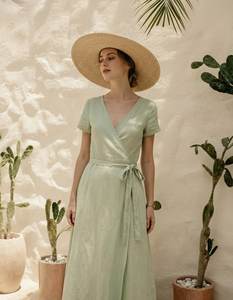 Vestido de Lino de Manga Corta con Bolsillos, Nuevo, Estilo Europeo Americano, Casual, Cuello en V, Largo hasta la Rodilla, con Botones - Product Image 2