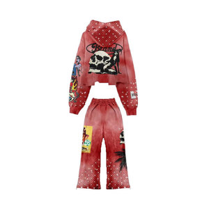 ชุดเซ็ตเสื้อฮู้ดดี้และกางเกงขายาวทรงครอปผ้าเฟรนช์เทอร์รี่สไตล์วินเทจแบบย้อมสีเอซิด แต่งดีเทลขาดๆ ประดับคริสตัล ผลิตโดย Manufacturer Streetwear - Product Image 3