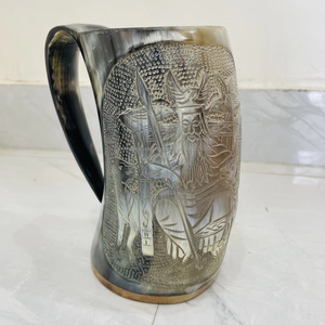 Handmade odin logo design polished buffalo ox horn mug tankard hand carved kitchenware high demandable low price here wholesale - Product Image 1