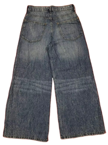Jean en denim tissé délavé taille haute à jambe large pour femme, 100 % coton, coupe ample, longueur intégrale, style décontracté vintage, idéal pour l'automne - Product Image 4