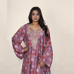 Jalabiya élégante en Chanderi avec imprimé floral et broderie au col, robe Abaya Kaftan arabe de luxe pour femmes, tenue modeste - Product Image 4