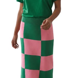 Pink Green Checkered Knit <b>Skirt</b> <b>Women</b> <b>Long</b> Length Casual Fashion Plaid <b>Skirt</b> Soft Stretch Fabric Stylish Daily Wear Apparel - Product Image 6