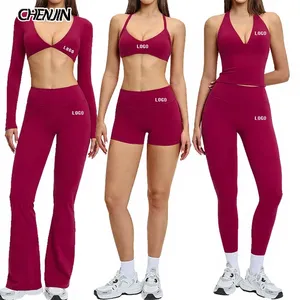 Ensemble de yoga fitness 2 pièces en spandex et nylon pour femmes, leggings de yoga taille haute, taille élastique, sans couture, séchage rapide, pantalon d'entraînement extensible - Product Image 1