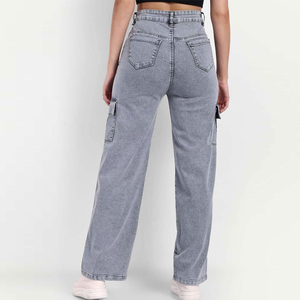 Jean cargo droit en denim pour femme, taille mi-haute, coupe ample, longueur intégrale, décontracté, hiver, en tissu de coton écologique et respirant - Product Image 3