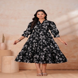 Floral Print Puff Sleeve Fit & Flare <b>Three</b>-Quarter Dress - Product Image 1