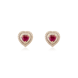 Pendientes de Oro Amarillo de 14K con Rubí y Diamante en Forma de Corazón de 5x5mm, Diseño de Doble Racimo, MOQ Bajo, Regalo de San Valentín, Joyería - Product Image 1