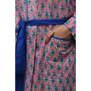 Pink Floral Printed <b>Long</b> Cotton <b>Kimono</b> <b>Robe</b> Blue Belt Drawstring V-Neck Full Sleeve Breathable Eco-Friendly Quick Dry Women's - Product Image 5