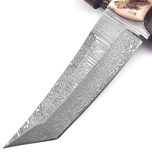 Couteau Tanto à lame fixe en acier Damas de qualité industrielle, fabriqué OEM, modèle Mortal Saga, avec manche en corne de cerf, pleine longueur de lame, pour la chasse, le camping et le transport. - Product Image 6