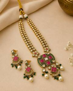 Wholesale Brass Ethnic Kundan Polki <b>Necklace</b> <b>Set</b> <b>Indian</b> Bridal Jewelry Imitation Rhodium Plated Traditional Wedding Anniversary - Product Image 1