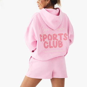 Conjunto de Sudadera con Capucha y Pantalones Cortos para Mujer, Personalizado con Impresión DTF, Poliéster y Algodón, Ropa Casual Urbana, Diseño Personalizado OEM, Conjunto de Dos Piezas - Product Image 2