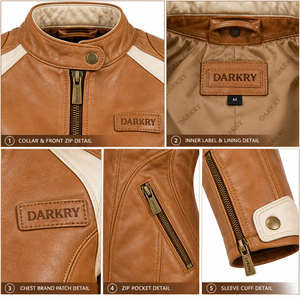 Blouson en cuir marron cognac pour femme, avec accents crème, col montant, style motard, coupe ajustée, poches zippées aux poignets, personnalisé, style Cafe Racer, vêtement d'extérieur - Product Image 6