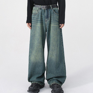 Jean en denim délavé coupe droite respirant pour homme, taille mi-haute, coupe ample, en coton, style streetwear décontracté, tissé mi-lourd pour l'automne - Product Image 1