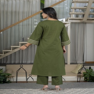 Crafted from high-quality, breathable casual cotton fabric, this regular-fit ensemble features a straight-cut olive green <b>kurti</b> - Product Image 1
