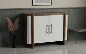 Aparador Moderno de 2 Puertas de Roble Macizo con Puertas de MDF, Madera Natural, Tela Blanca, Ecológico, para Almacenamiento en la Sala de Estar - Product Image 3