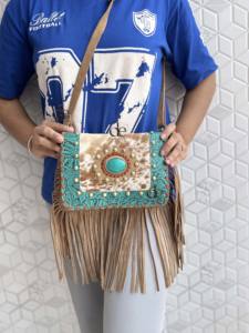 Bolso con flecos de cuero de piel de vaca, bolso con flecos de piedra de Color turquesa, bolso hecho a mano de estilo occidental bohemio gitano, bolsos multiusos - Product Image 4