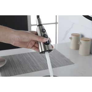 Rubinetto da cucina ad arco alto monocomando con doccetta estraibile, marca Mo, finitura nichel spazzolato, per lavello da cucina con piastra di base - Product Image 6