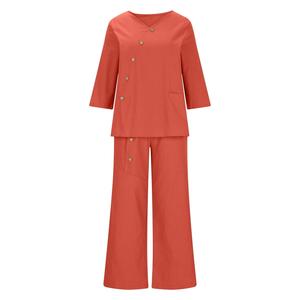 Women's Coral V-neck Two Piece Set <b>Three</b> <b>Quarter</b> Sleeve Loose Fit Casual Solid Color Breathable Woven <b>Pants</b> With Buttons - Product Image 1