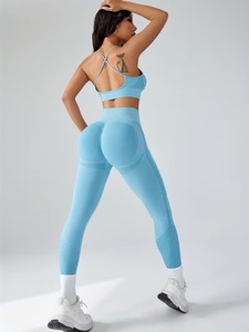 Conjunto Deportivo de 2 Piezas para Mujer, Top Deportivo con Tirantes Cruzados en la Espalda y Leggings de Cintura Alta con Textura de Rejilla, Conjunto de Fitness sin Costuras para Entrenamiento - Product Image 4